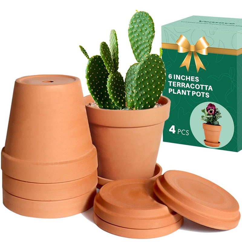 vensovo 6 Inch Terracotta & Clay Pots for Plant with Saucer - 4 Pack Medium Terra Cotta Planter with Drainage Hole  Flowerpot for Indoor Outdoor Plants  Crafts  Wedding Favor - Image 1